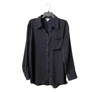 Open Edit Oversized Button Down Shirt Women's Size M Black Long Sleeve Pocket